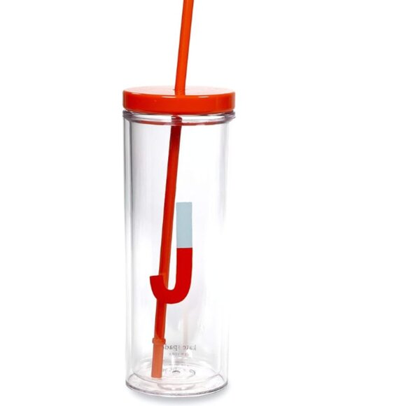 Kate spade Initial Thermal Tumbler cup With Straw, J blue red nwt - Picture 1 of 4